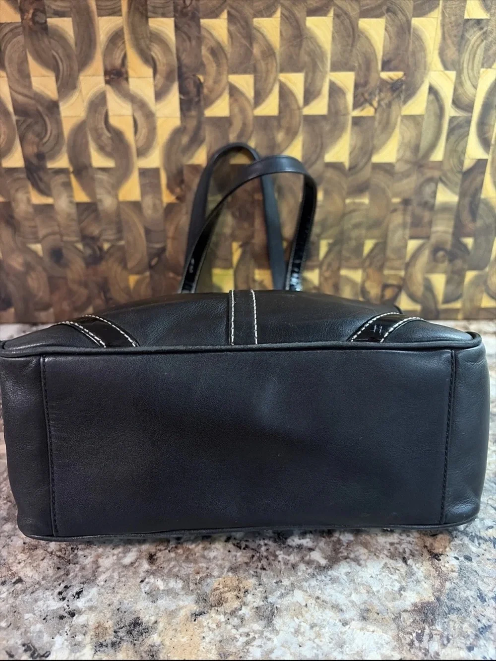 Coach Black Leather Tote with White Contrast Stitching